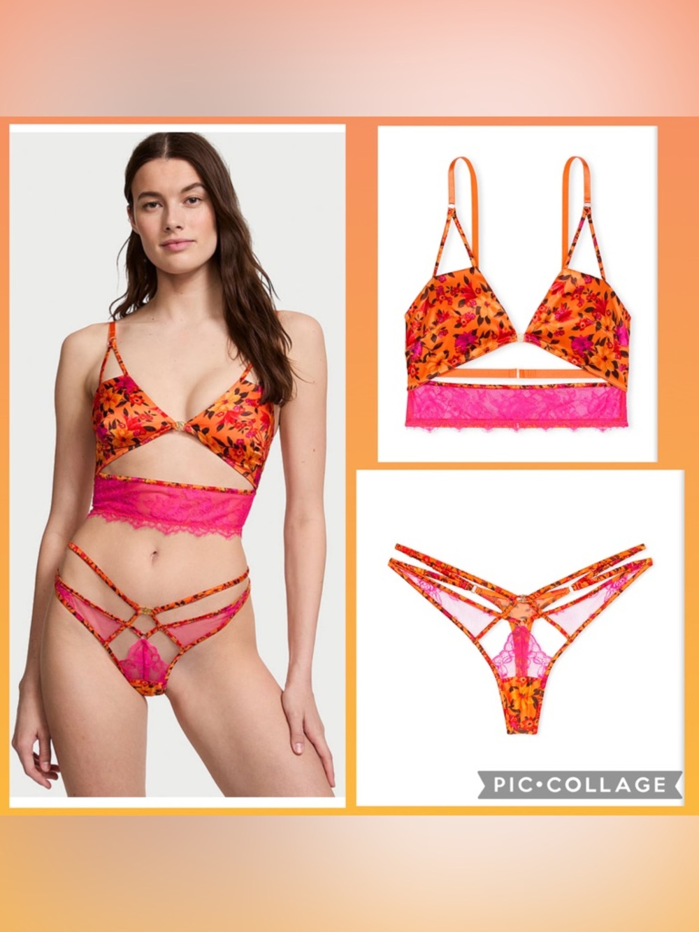 🌺Victoria’s Secret Very Sexy Tropical Satin Cut-Out bra top & thong set M NWT